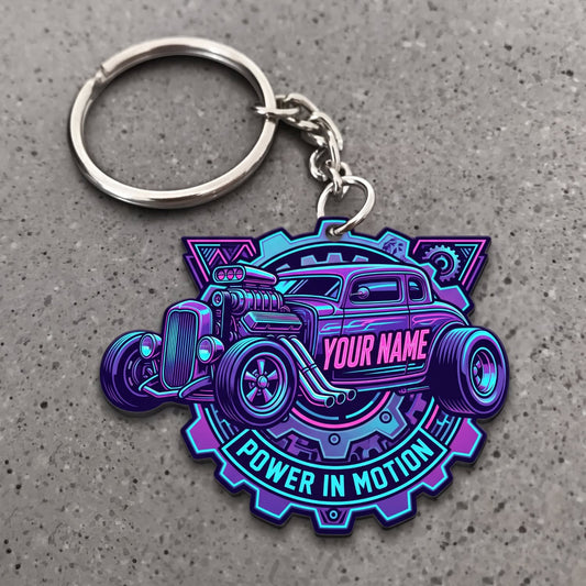 Maxcorners Hot Rod Purple Blue Vintage Roadster with Power in Motion Badge Personalized Name 3D Keychain And Ornament