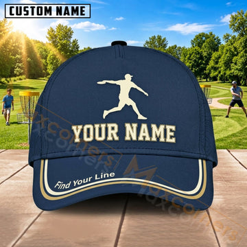 Maxcorners Disc Golf Player Silhouette Gold Line Personalized Name 3D Cap