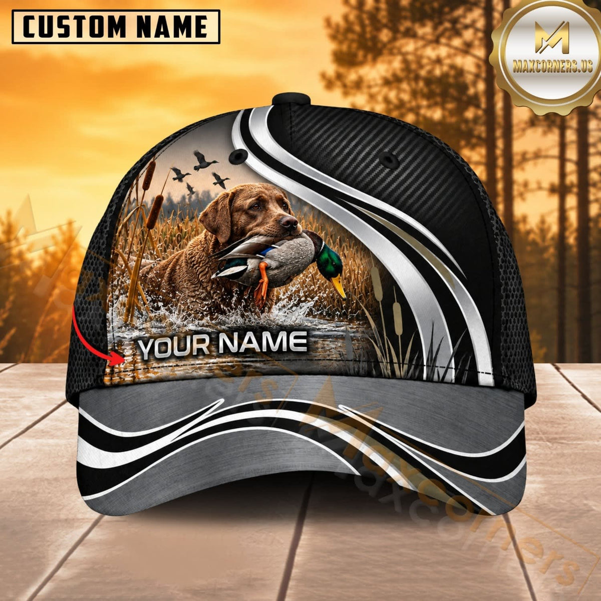 Maxcorners Dog Hunting And Duck Hunting Dog Black Silver Wave Personalized Name 3D Cap
-
