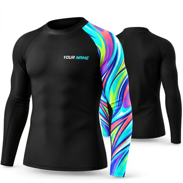 Maxcorners Personalized Neon Abstract Black Shirt with Rainbow Liquid Wave Sleeve 3D All Over Printed Shirts, Best Gifts for Art Lovers