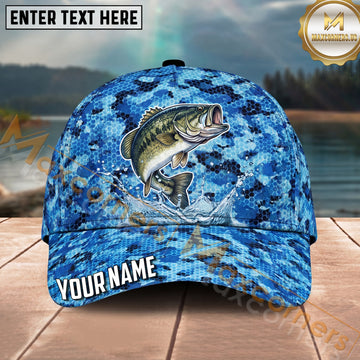 Maxcorners Fishing Blue Honeycomb Water Splash Personalized Name 3D Cap (12 Fish Species)