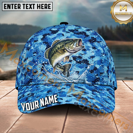 Maxcorners Fishing Blue Honeycomb Water Splash Personalized Name 3D Cap (12 Fish Species)