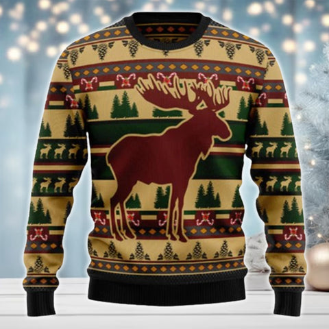 Maxcorners Moose Hunting Pattern Merry Christmas All Over Print Sweater