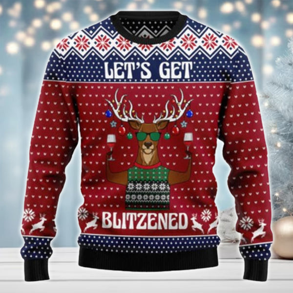 Maxcorners Let'S Get Blitzened Slouchy Merry Christmas All Over Print Sweater