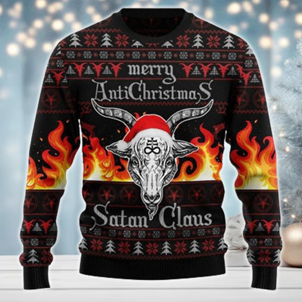 Maxcorners Satan Claus Deer And Fire Merry Christmas All Over Print Sweater