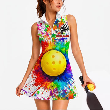 Maxcorners Pickleball Sleeveless Zipper Sports Dress Set Rainbow Paint Splash Yellow Ball Personalized Name 3D Sleeveless Zipper Sports Dress Set