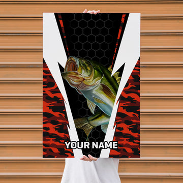 Maxcorners Largemouth Bass Fishing Red Camo Honeycomb Power Style Personalized Name 3D Poster