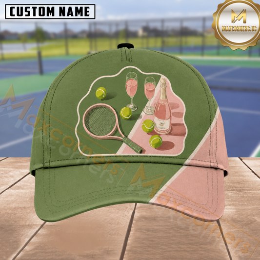 Maxcorners Tennis Tennis Racket Champagne and Tennis Balls Green Pink Court Lifestyle Vintage Personalized Name 3D Cap