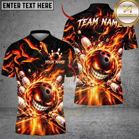 Maxcorners Bowling Evil Smile Flame Ball Burning Pins Strike Artwork Multicolor Customized Name, Team Name 3D Shirts