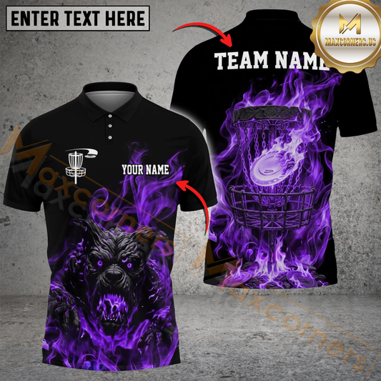 Maxcorners Flame Wolf Disc Golf Polo Personalized Name, Team Name 3D Shirt (4 Colors)
