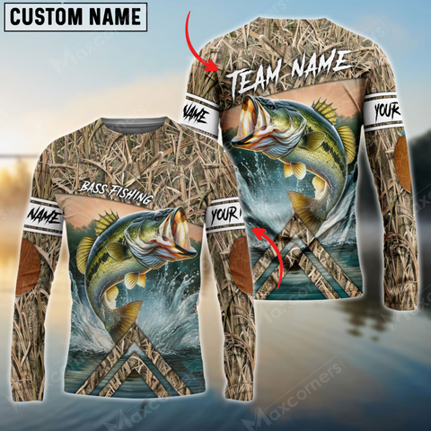 Maxcorners Bass Fishing Elbow Patch Pattern Personalized Name, Team Name 3D Long Sleeve Shirt