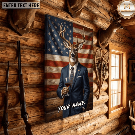 Maxcorners Deer Hunting Dapper Stag Suit Wine Glass American Flag Patriotic Canvas Wall Art