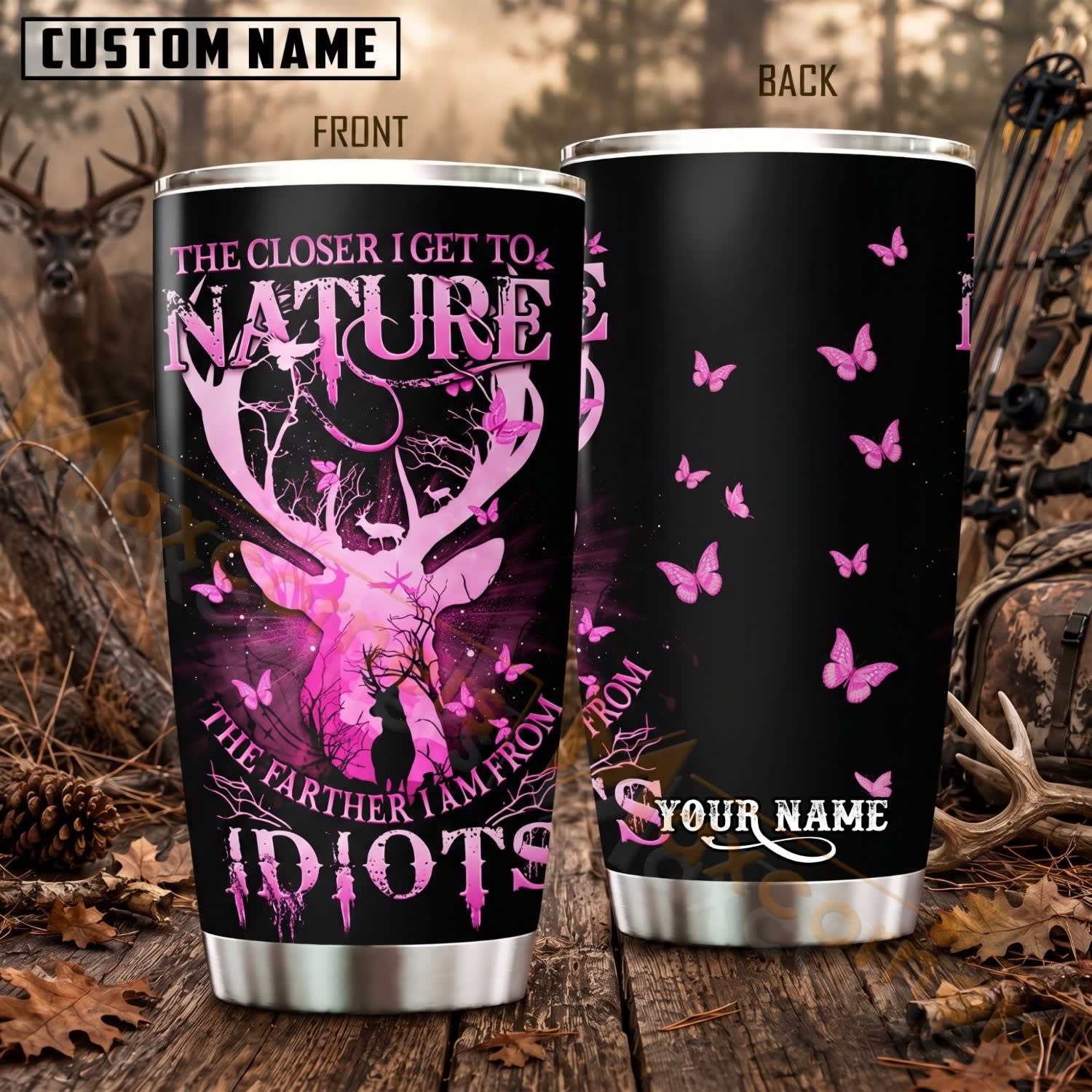 Maxcorners Hunting Deer Skull Pink Butterfly Black Camo Personalized Name 3D Tumbler
