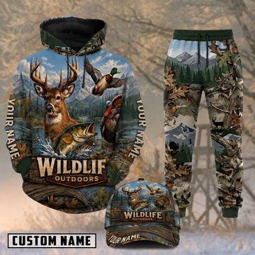 Maxcorners Hunting Wildlife Deer Duck Fish Mountain Forest Personalized 3D Combo Hoodie, Sweatpants Set & Cap