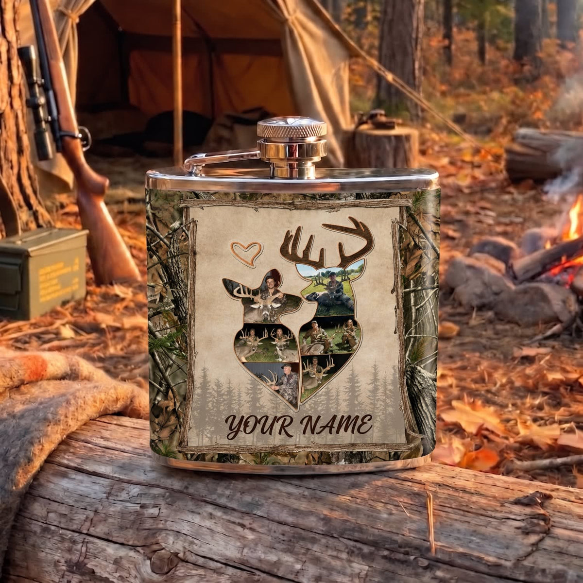 Maxcorners Hunting Deer Paw Print Rustic Woodland Design Personalized Name 3D Hip Flask