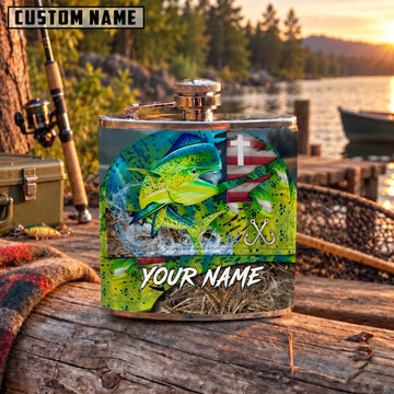 Maxcorners Fishing Mahi Mahi Tropical Flag Design Personalized Name 3D Hip Flask
