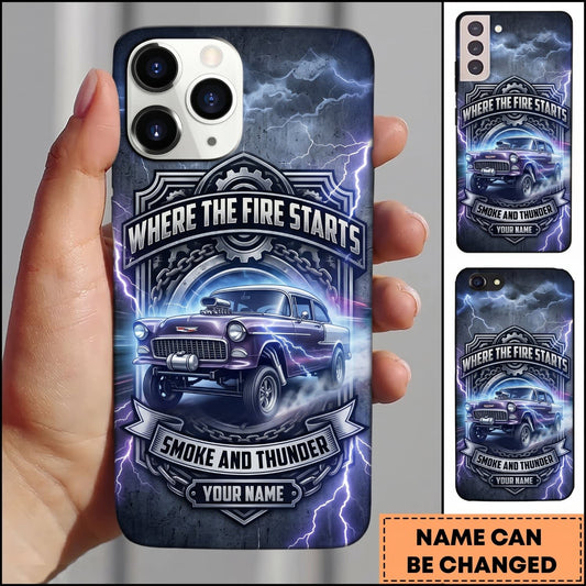 Maxcorners Classic Muscle Car Blue Neon Vintage Car and Lightning Personalized Name 3D Phone Case