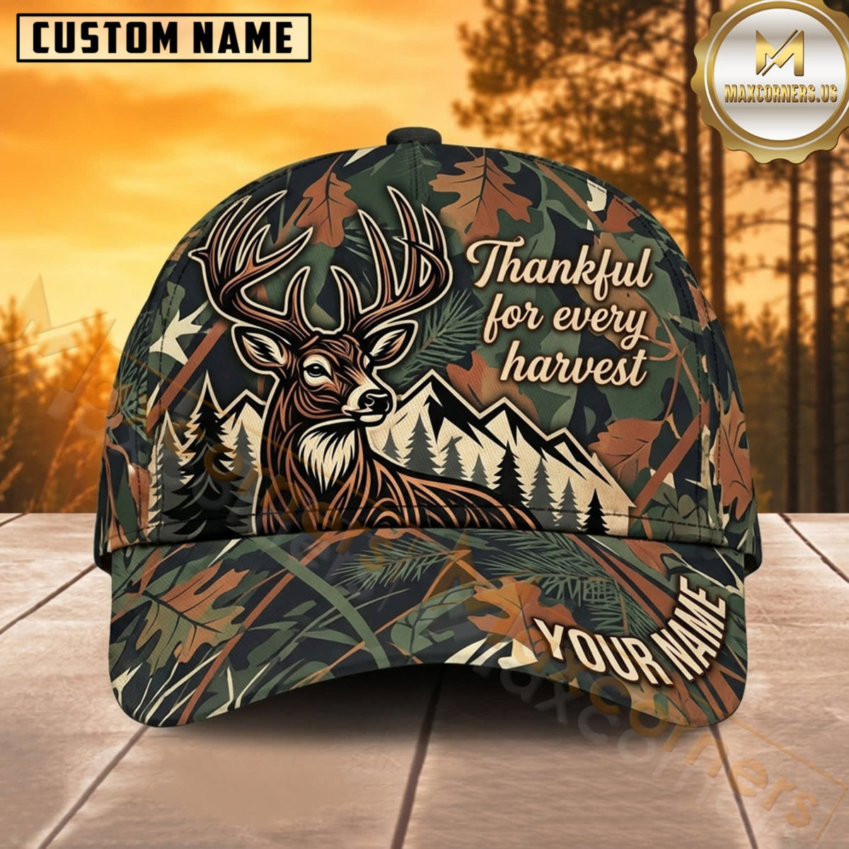 Maxcorners Deer Hunting Whitetail Buck Thankful for Every Harvest Woodland Camo Customized Name 3D Cap
