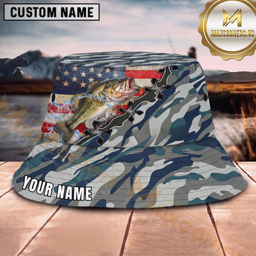 Maxcorners Fishing American Flag Blue Camo Lace-Up Personalized 3D Bucket Hat (13 Fish Species)