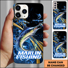 Maxcorners Marlin Splash Water Lightning Stripe Dark Blue Art Golden Line  Personalized Name Phone Case