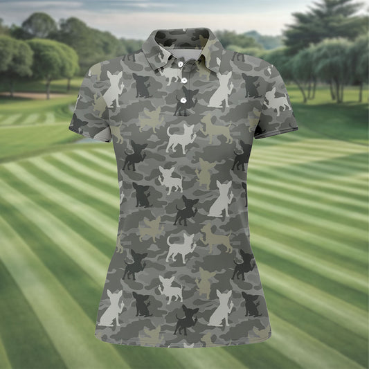 Maxcorners Grey Camo Chihuahua Dog Pattern Golf Polo Shirt, Women's Golf Shirt, Ladies Polo Shirt, Womens Golf Top LM1507