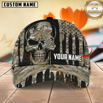 Maxcorners Darts Skull American Flag Green Black Camouflage Personalized Name 3D Cap