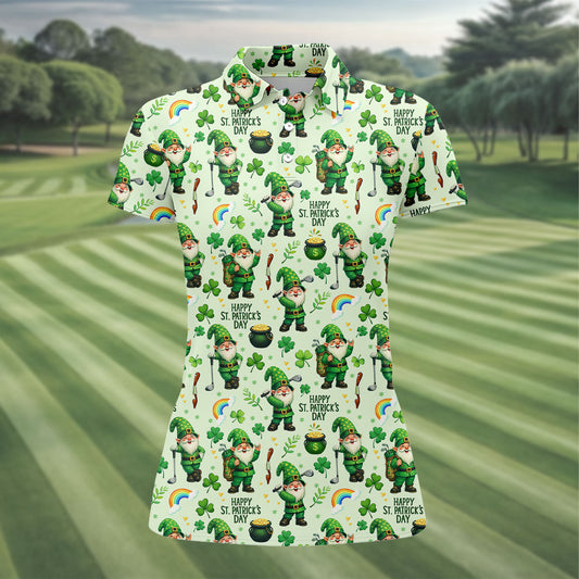 Maxcorners Happy St Patrick's Day Gnome Shamrock Golf Shirt, Funny Golf Shirts Women, Ladies Golf Polos