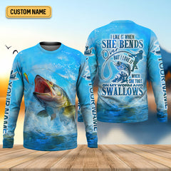 Maxcorners I Love It When She Tugs On My Worm And Swallows Blue Fishing Shirt, SPF Shirt For Men, Men's Fishing Shirt
