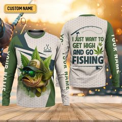Maxcorners I Just Want To Get High And Go Fishing Largemouth Bass Fishing SPF Shirt For Men, Funny Fishing Shirt