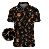 Maxcorners Pattern Golf Shirt, Halloween Skeleton With Pumpkin Golf Polos, Funny Golf Shirt For Men