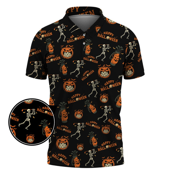 Maxcorners Pattern Golf Shirt, Halloween Skeleton With Pumpkin Golf Polos, Funny Golf Shirt For Men