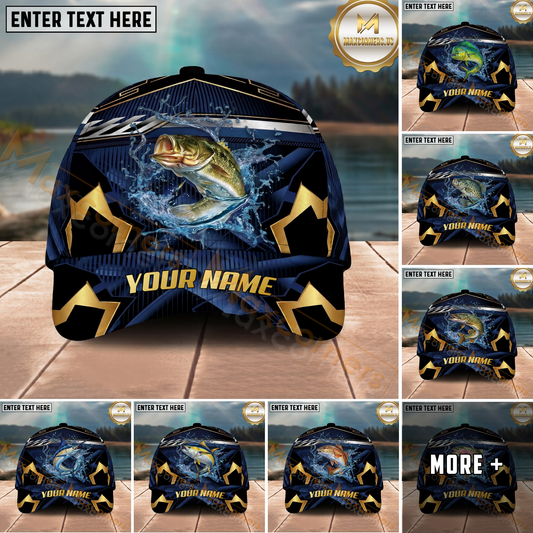 Maxcorners Fishing Black Gold Geometric Personalized Name 3D Cap  (9 Breeds)