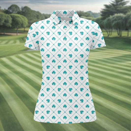 Maxcorners Grid Pattern Shamrock Golf Shirt, St Patrick's Day Women's Golf Tops, Ladies Golf Polos, Golf Shirt For Women