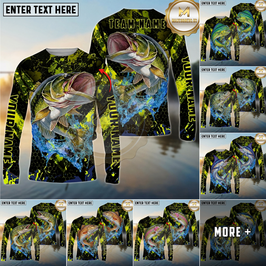Maxcorners Fishing Neon Splash Personalized Name, Team Name Long Sleeve Shirt (9 Breeds)