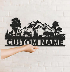 Maxcorners Personalized Wildlife Metal Sign WITH LED/WITHOUT LED - Rustic Cabin Name Sign with Deer & Bear, Mountain Lodge Outdoor Wall Art LM0110