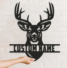 Maxcorners Personalized Buck Hunting Metal Sign WITH LED/WITHOUT LED Light Rustic Deer Head Wall Art Hunter Gift Cabin Man Cave Decor LM0110