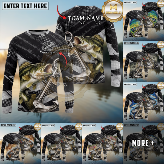 Maxcorners Fishing Anchor Vintage Personalized Name, Team Name Long Sleeve Shirt (9 Fish Species)