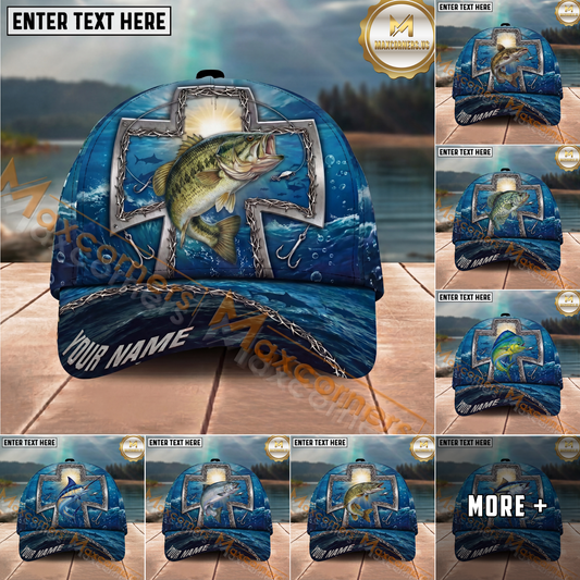 Maxcorners Fishing Texas Cross Christian Fishing Multi Options Personalized Name 3D Classic Cap (11 Fish Species)