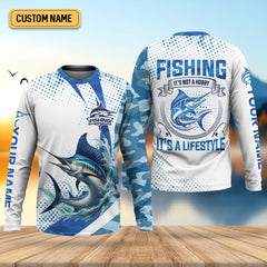 Maxcorners Fishing It's Not A Hobby It's A Lifestyle Blue Camo Fishing UPF Shirts, Blue Marlin Fishing Shirts For Men