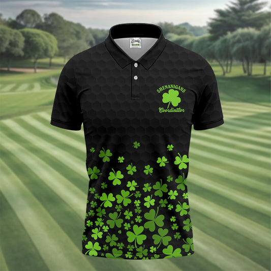Maxcorners Shenanigans Coordinator Golf Ball Pattern St Patrick Day Black Golf Shirt, Golf Tops For Men, Golf Shirts For Men