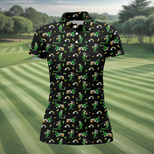 Maxcorners St Patrick's Day Leprechaun Character Golf And Beer Black Golf Shirt, Fun Women's Golf Shirts, Ladies Golf Polos