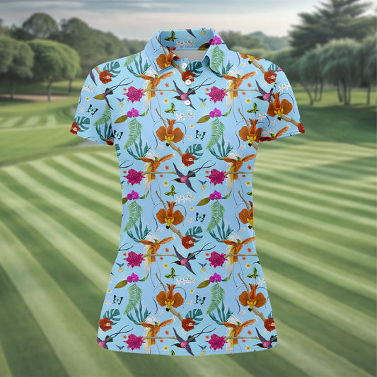 Maxcorners Hummingbird Paradise Golf Shirt, Tropical Flower Garden Pattern, Golf Shirt For Women LM1507