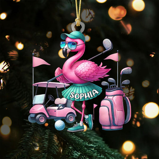 Maxcorners Custom Name Flamingo Golfing Acrylic Ornament, Golf Christmas Ornaments, Christmas Golf Gift LM1611