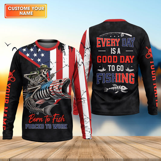 Maxcorners Born To Fish Forced To Work USA Fishing Shirt, Funny Fishing UPF Shirts, Personalized Fishing Shirts For Men