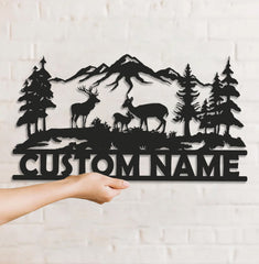 Maxcorners Personalized Deer Family Metal Sign WITH LED/WITHOUT LED - Rustic Cabin Name Sign, Mountain Wildlife Wall Art for Lodge & Outdoor Decor LM0110