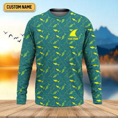 Maxcorners Green And Yellow Shark Pattern Performance Fishing Shirts, SPF Shirt For Men, Fishing Gifts For Men