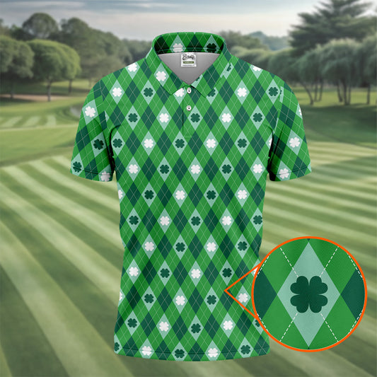 Maxcorners Green And White Lucky Four Leaf Clover Argyle Pattern St Patrick's Day Golf Shirt, Polo Shirts For Men