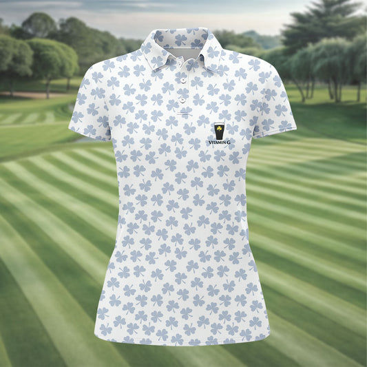 Maxcorners Vitamin G Shamrock Pattern Golf And Beer White Golf Shirt, St Patrick's Day Golf Shirt, Women's Golf Shirts