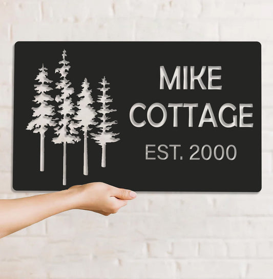 Maxcorners Personalized Forest Metal Sign WITH LED/WITHOUT LED - Rustic Cabin Name Sign with Pine Trees, Cottage Established Wall Art Gift LM0110