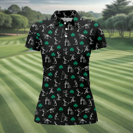 Maxcorners Stick Figure Golf Pose St Patrick's Day Shamrock Black Golf Shirt, Women's Golf Tops, Ladies Golf Polos